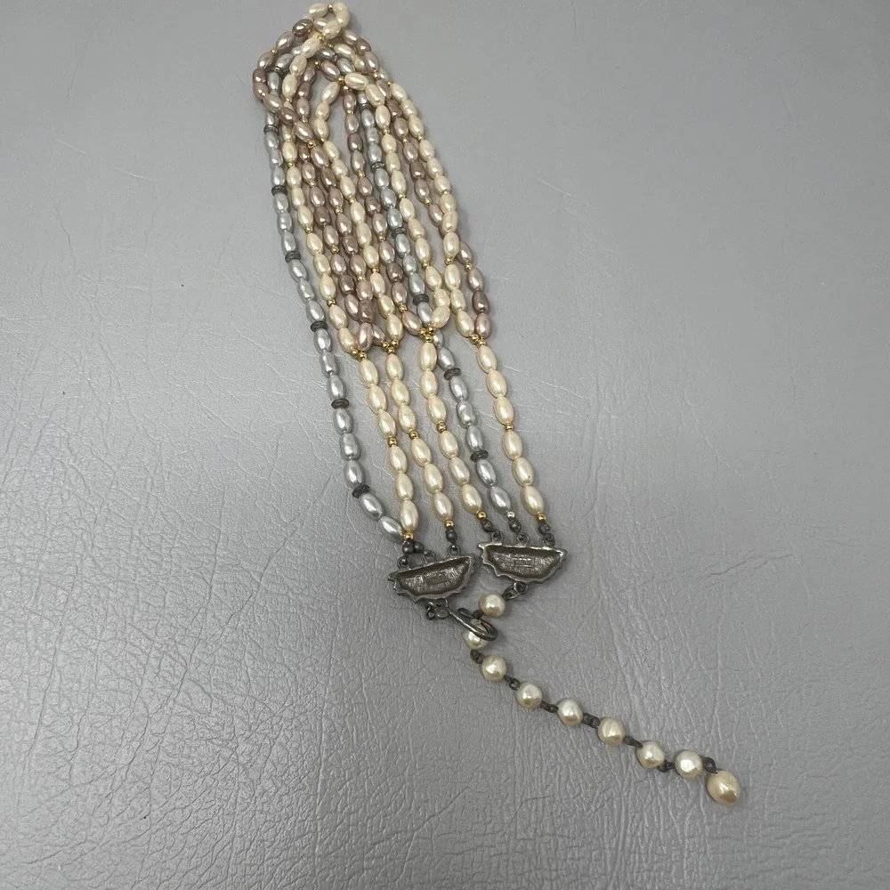 Vintage Liz Claiborne‎ Multi Strand Necklace Faux Pearl White Pink Gray